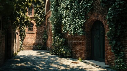 Fototapeta premium An aged brick building with ivy creeping up the walls, situated on a quiet cobblestone street.