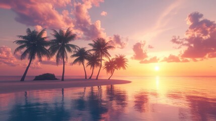 Fototapeta premium A tranquil coastal scene features silhouetted palm trees on an island against a vibrant sunset sky, reflecting warm hues over calm waters and a pristine sandy beach.