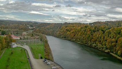 The San River near the dam in autumn.