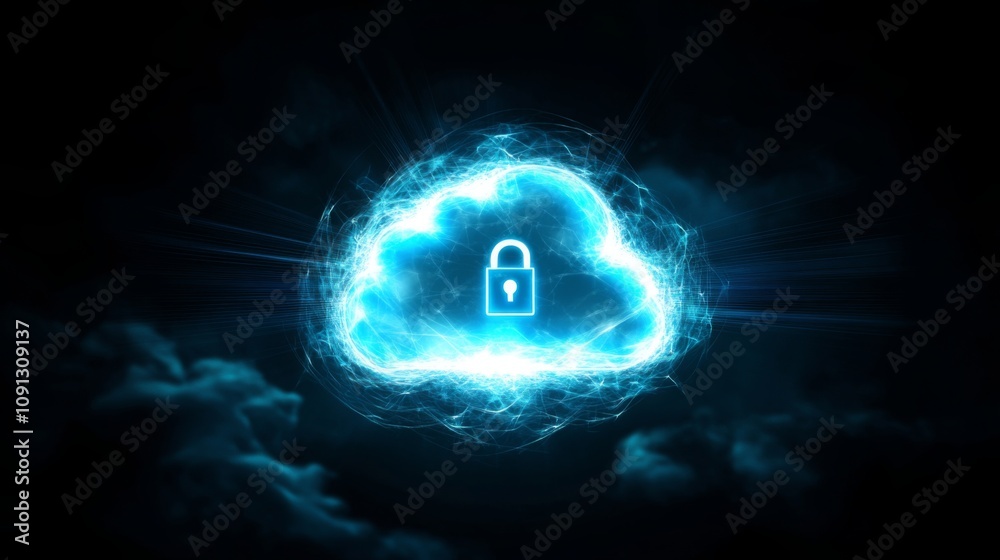 Poster A glowing cloud appears amidst swirling dark clouds, featuring a padlock at its center, representing digital security and the importance of protecting sensitive data in the modern age of technology.