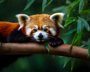 Fototapeta premium Red panda resting on a bamboo branch.