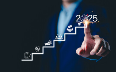 2025 New Year Business Goals Concept. Businessmen point to 