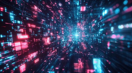 Obraz premium Futuristic digital landscape depicting vibrant data streams in pink and blue, symbolizing seamless data sharing and technological transformation.