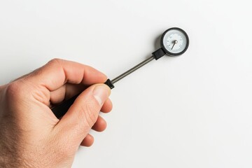 Hand holding dial gauge, measuring tool.