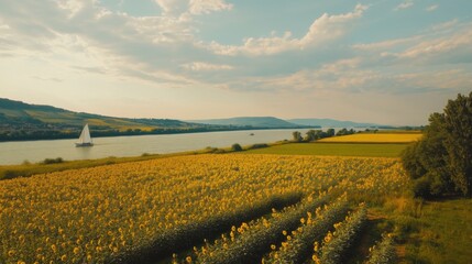 River sailboat and sunflowers