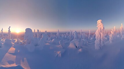 Photo of a snowy panoramic landscape at sunset, frozen trees in Saariselka, Lapland, Finland, winter snow scene web banne.