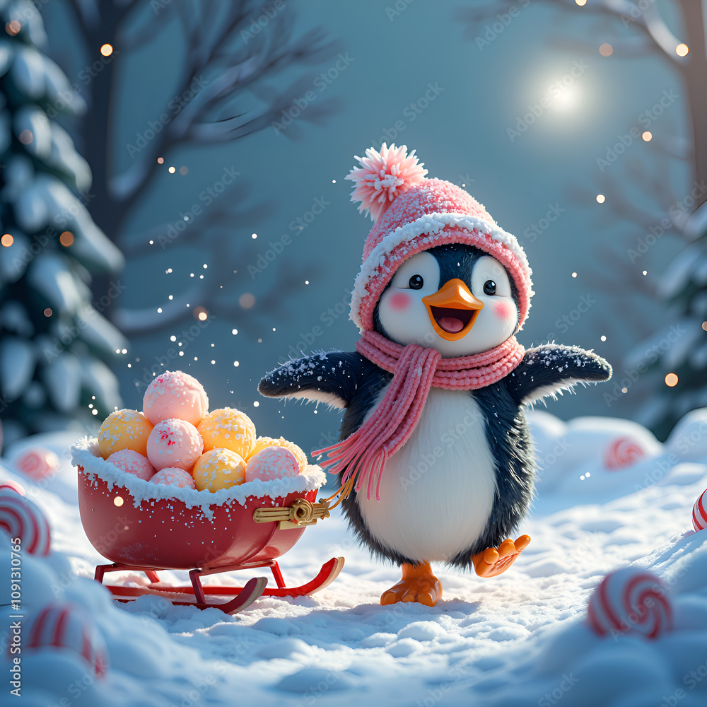 Canvas Prints cheerful penguin in winter wonderland with sled and colorful treats, 3d rendering of character desig