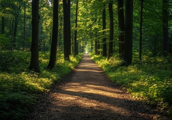Obraz premium Serene Pathway Through Lush Green Forest Surrounded by Tall Trees and Soft Sunlight Filtering Through Leaves in Tranquil Nature Setting