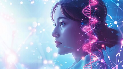 Thoughtful woman, profile view, overlaid with glowing DNA helix and network.