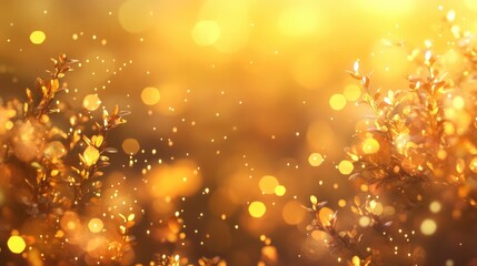 Fototapeta premium Autumn backdrop showcasing a dreamy blend of blurred bokeh lights intermingled with vivid yellow foliage, creating a warm and enchanting atmosphere.