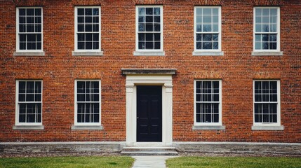Obraz premium A colonial-era brick building with symmetrical windows and a central door.