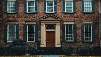 Obraz premium A colonial-era brick building with symmetrical windows and a central door.