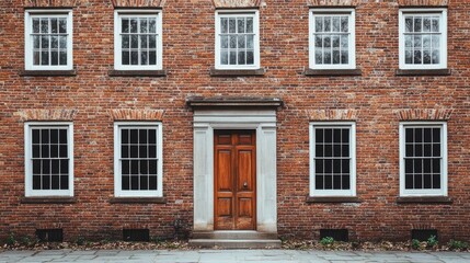 Naklejka premium A colonial-era brick building with symmetrical windows and a central door.