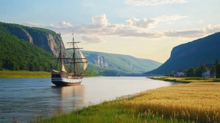 Sailboat moving on the river