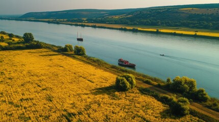 River sailboat and sunflowers