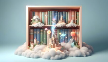 A 3d rendered whimsical take on a bookshelf as a gateway to fantasy and knowledge. Bookshelves containing small fantasy worlds, such as castles, galaxies.