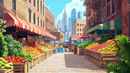Fototapeta premium A vibrant city market scene filled with colorful fruits and vegetables, surrounded by tall buildings and bustling with energy.