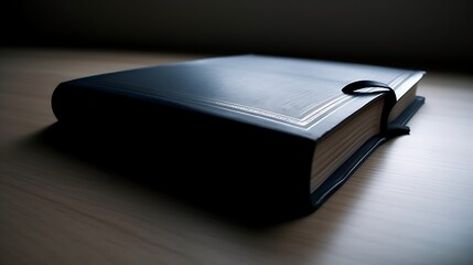 Large Dark Leather Bound Book Rests on Wooden Table