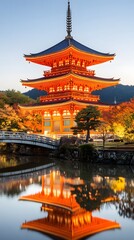 Naklejka premium A picturesque night scene of the autumn leaves at Kiyomizudera National Park, with reflections on a tranquil pond and illuminated pagodas in red hues