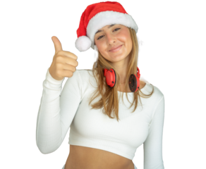 Young woman wearing santa hat showing thumb up isolated over transparent background. PNG transparent.
