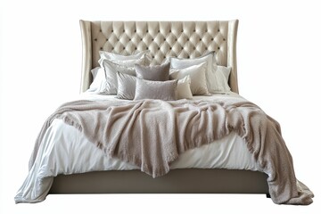 Beige tufted headboard bed, plush blanket, pillows.