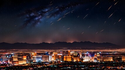 Las vegas skyline silhouette lit by a cosmic meteor shower on a multicolored night sky, AI Generated