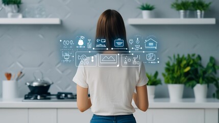 Water resource specialist. A woman stands in a modern kitchen, facing away, with digital icons suggesting smart home features and culinary activities overlaying the scene.