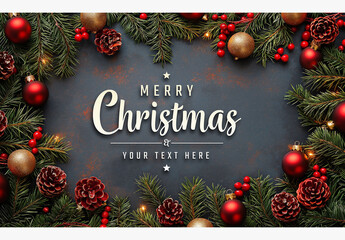 Christmas Card With Decorations On Dark background Mockup. Generative Ai