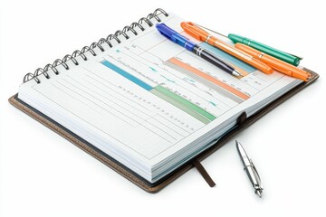 Naklejka premium Open notebook, pens, charts, planning, business.
