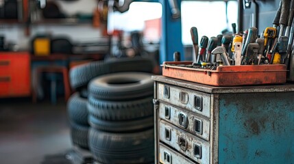 Fototapeta premium A mechanic's toolbox in the foreground with tires of different sizes visible in the background.