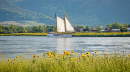 River sailboat and sunflowers