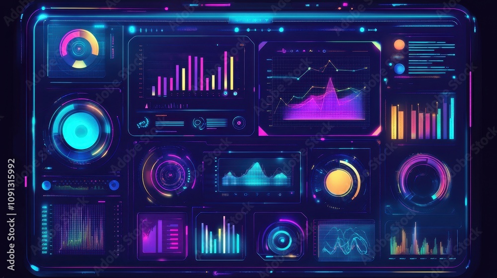 Poster a computer monitor with many different colored graphs and numbers