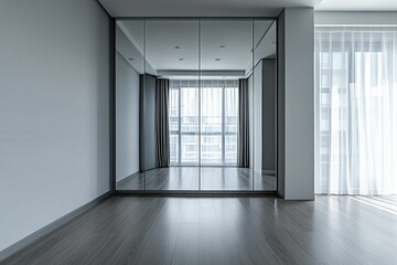 Fototapeta premium Modern minimalist room, mirrored closet, window.