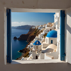 View the whitewashed village through an open window