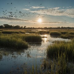 A serene marshland with tall grasses and a flock of birds flying overhead.