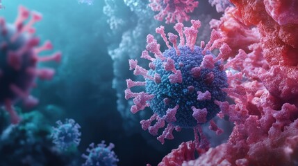 Obraz premium Detail of coronavirus particles displayed in vibrant colors surrounded by an abstract background, illustrating collaborative research efforts on vaccine development.