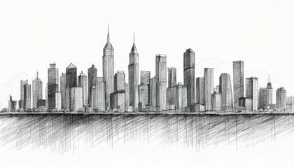Fototapeta premium illustration of a black and white city skyline charcoal drawing isolated on white background