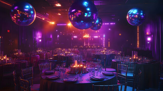 Banquet hall with neon lighting and disco ball balloons over set dinner tables