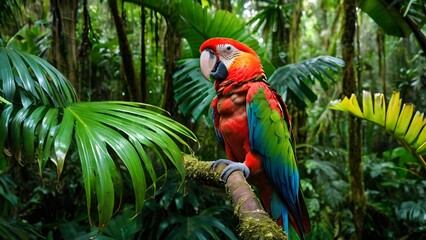 Obraz premium Vibrant Parrot Perched Amidst Tropical Rainforest Foliage in Stunning Colors