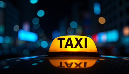 Vibrant Yellow Taxi Sign Illuminated Against Blurred Urban Night Lights Background