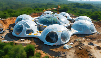 Innovative bio domes under construction in lush landscape