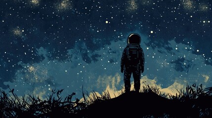 Obraz premium A silhouette of an astronaut gazes at a breathtaking galaxy backdrop, evoking the mysteries of space and the allure of science fiction in a captivating poster design.