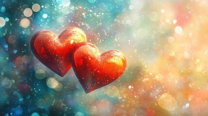 Obraz premium Valentine's Day card design showcasing two glossy red hearts against a colorful, sparkling bokeh background filled with soft light effects.