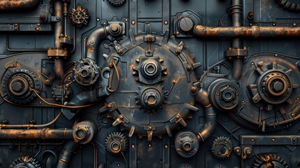 Steampunk-style metal background with gears, pipes, and mechanisms.
