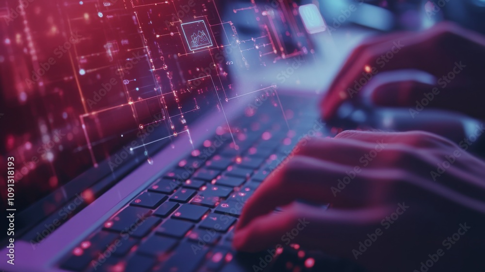 Aufkleber a person's hands are typing on a laptop keyboard. the screen is glowing with a digital overlay of re