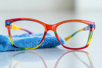 Rainbow eyeglasses rest on blue cloth.