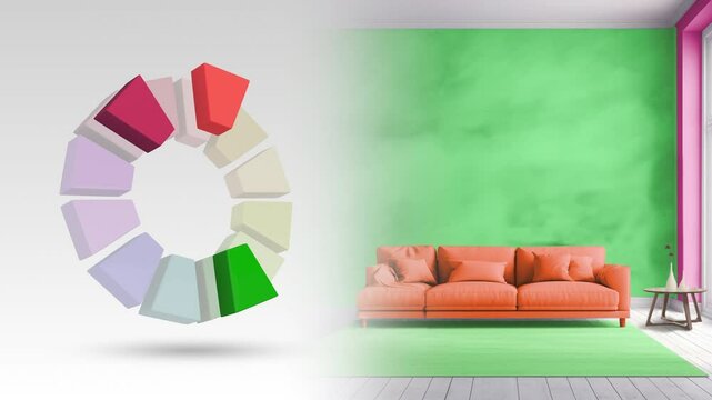 Split complementary color scheme of red orange,green,red violet for living interior