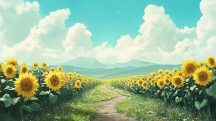 Obraz premium A winding dirt path meanders through a vibrant field filled with tall sunflowers, under a bright blue sky adorned with fluffy white clouds and distant mountains.