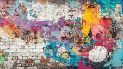 Colorful and Worn Graffiti Mural on a Weathered Brick Wall Showcasing Urban Street Art in an Artistic Display of Bright Colors and Textures