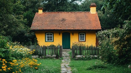 Fototapeta premium Charming Yellow Cottage in a Green Village - Quaint yellow cottage, idyllic village setting, peaceful garden, stone path, cozy home.